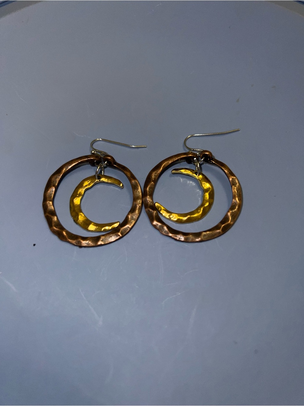 Hammered Two-Tone Crescent Hoop Earrings - Gold and Copper